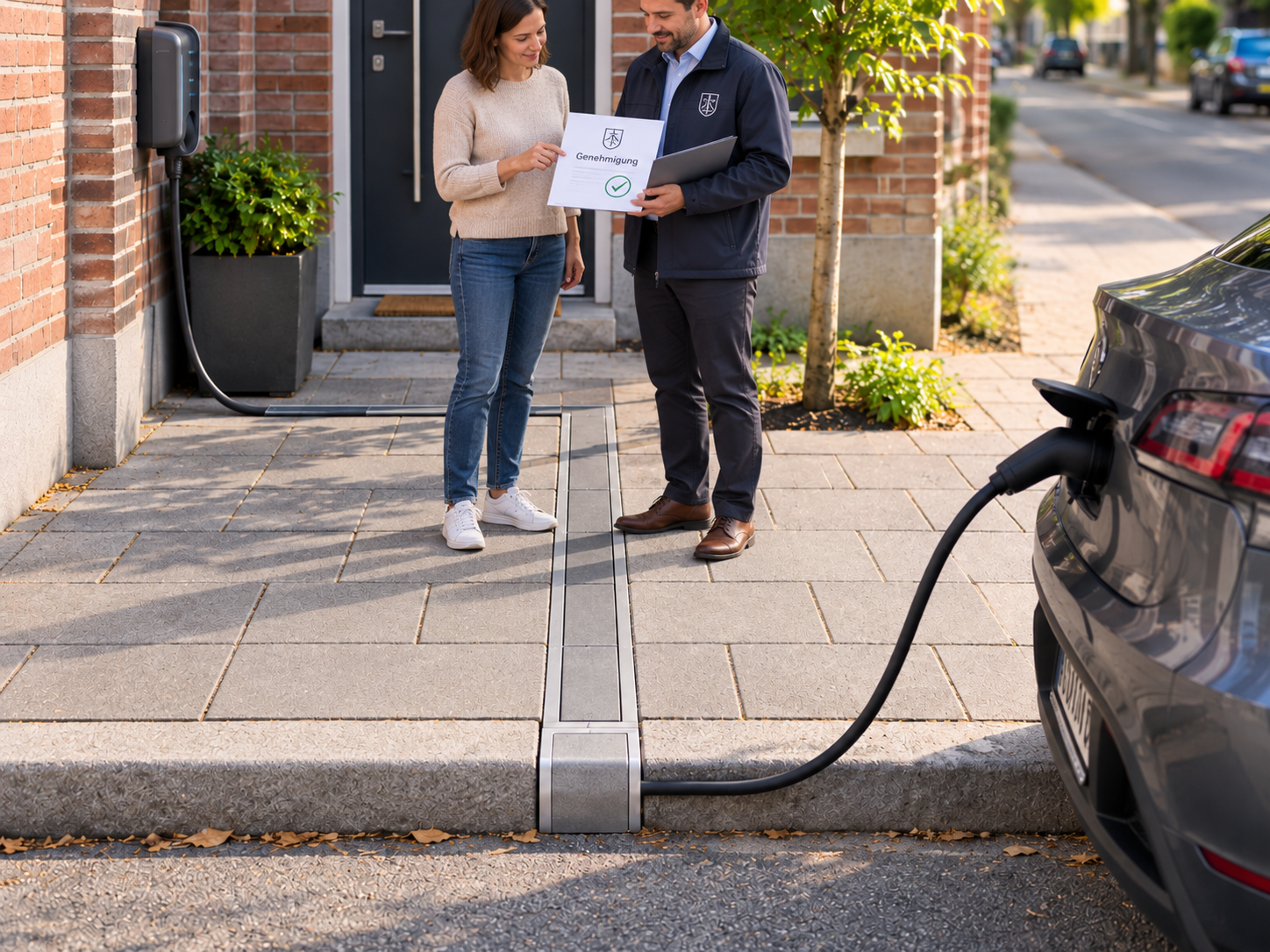 Beispielhafte Darstellung einer bündigen Kabelführung im Gehweg mit Elektroauto und kommunaler Prüfung
