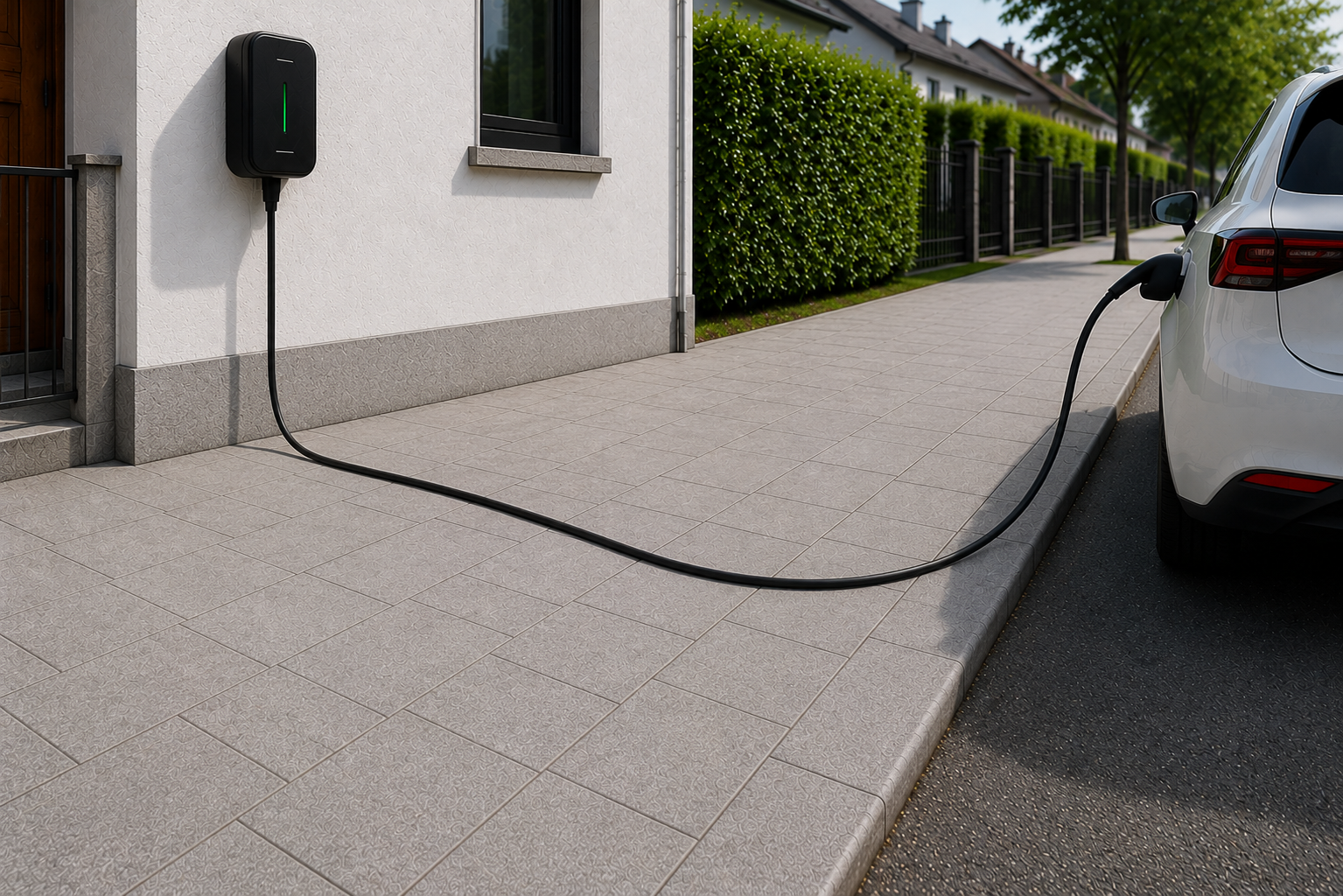 Ladekabel liegt offen über den Gehweg vom Haus zum parkenden Elektroauto.