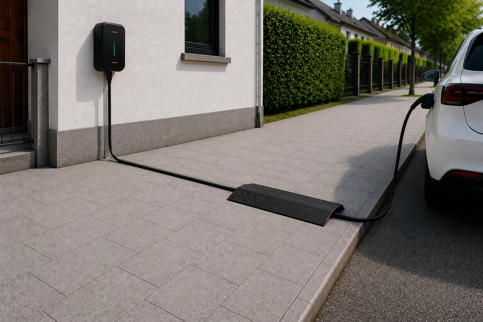 Aufgesetzte schwarze Kabelbrücke deckt das Ladekabel auf dem Gehweg ab.