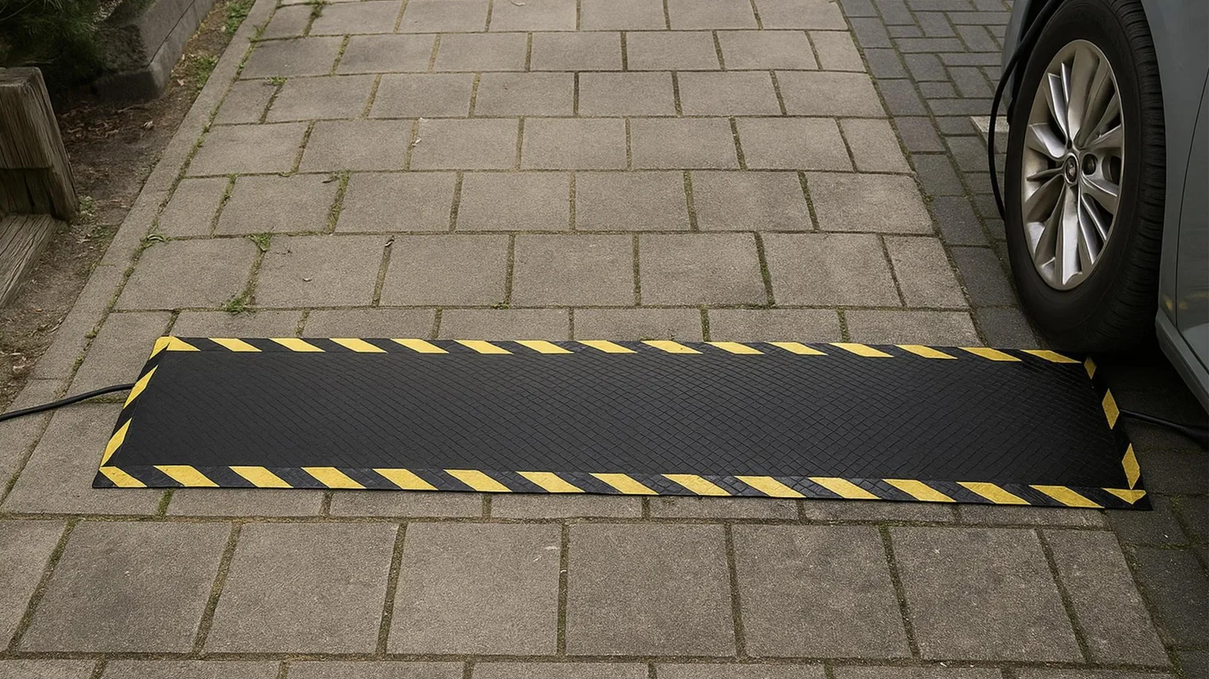 Flache Kabelmatte mit gelb-schwarzer Randmarkierung auf einem Gehweg