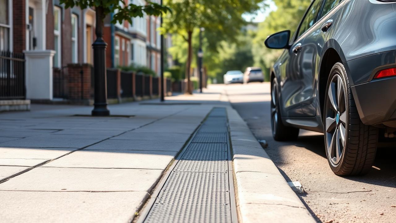 Bündige Kabelrinne im Gehweg neben parkendem Elektroauto am Straßenrand