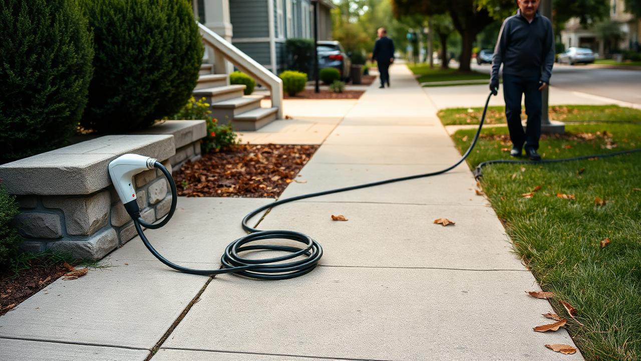 Ladekabel über öffentlichen Gehweg zu einem Elektroauto am Straßenrand