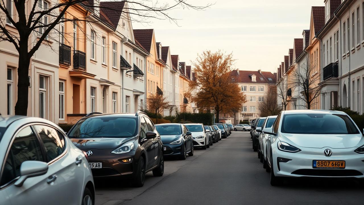 Reihe parkender Elektroautos an einer Straße ohne Einfahrten