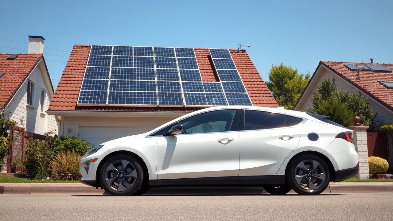 Wohnhaus mit PV-Anlage und Elektroauto am Straßenrand