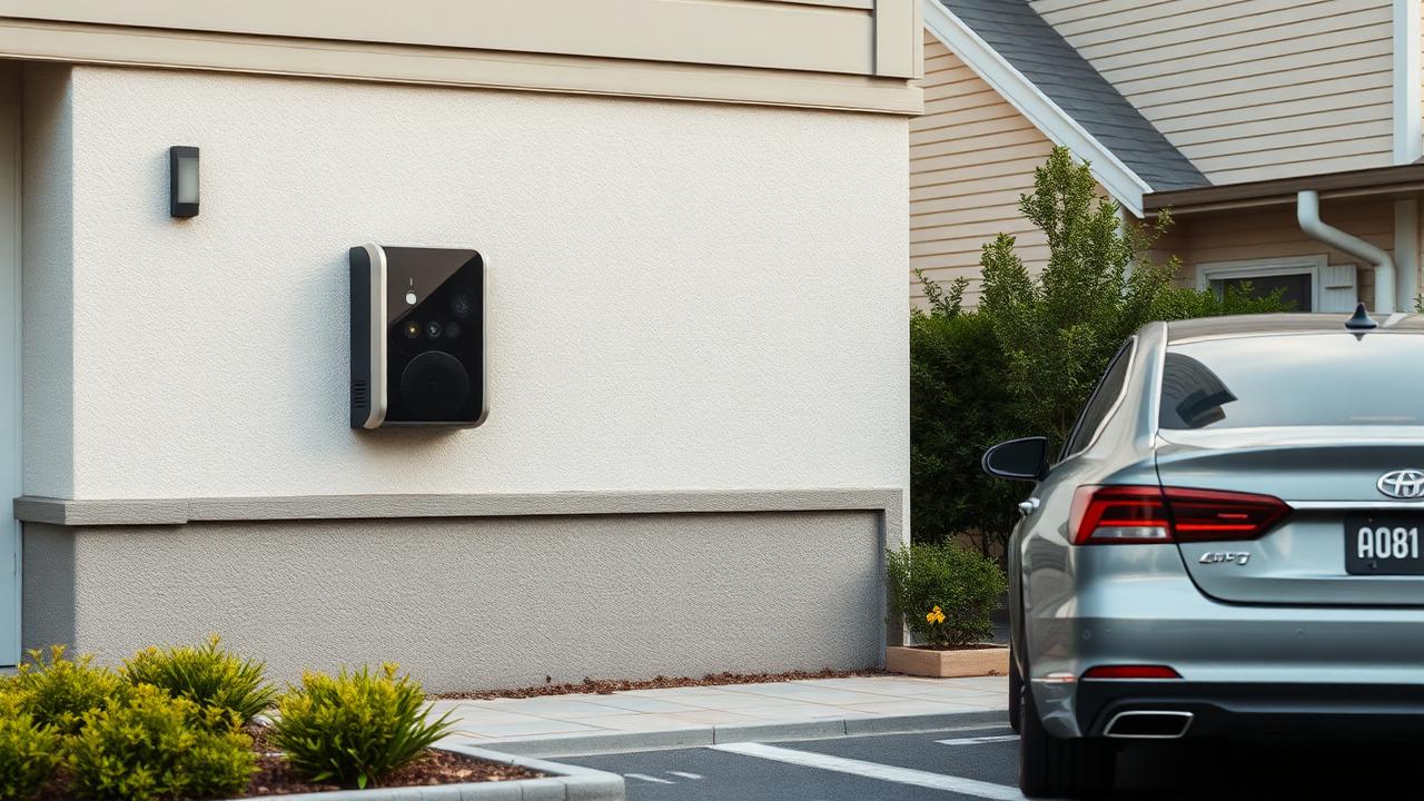 Wallbox an einer Hauswand, das Elektrofahrzeug steht am Straßenrand